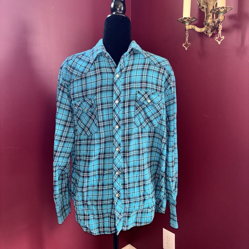 VTG 80s Wrangler Wrancher Plaid Flannel Western Pearl Snap Shirt Men XL